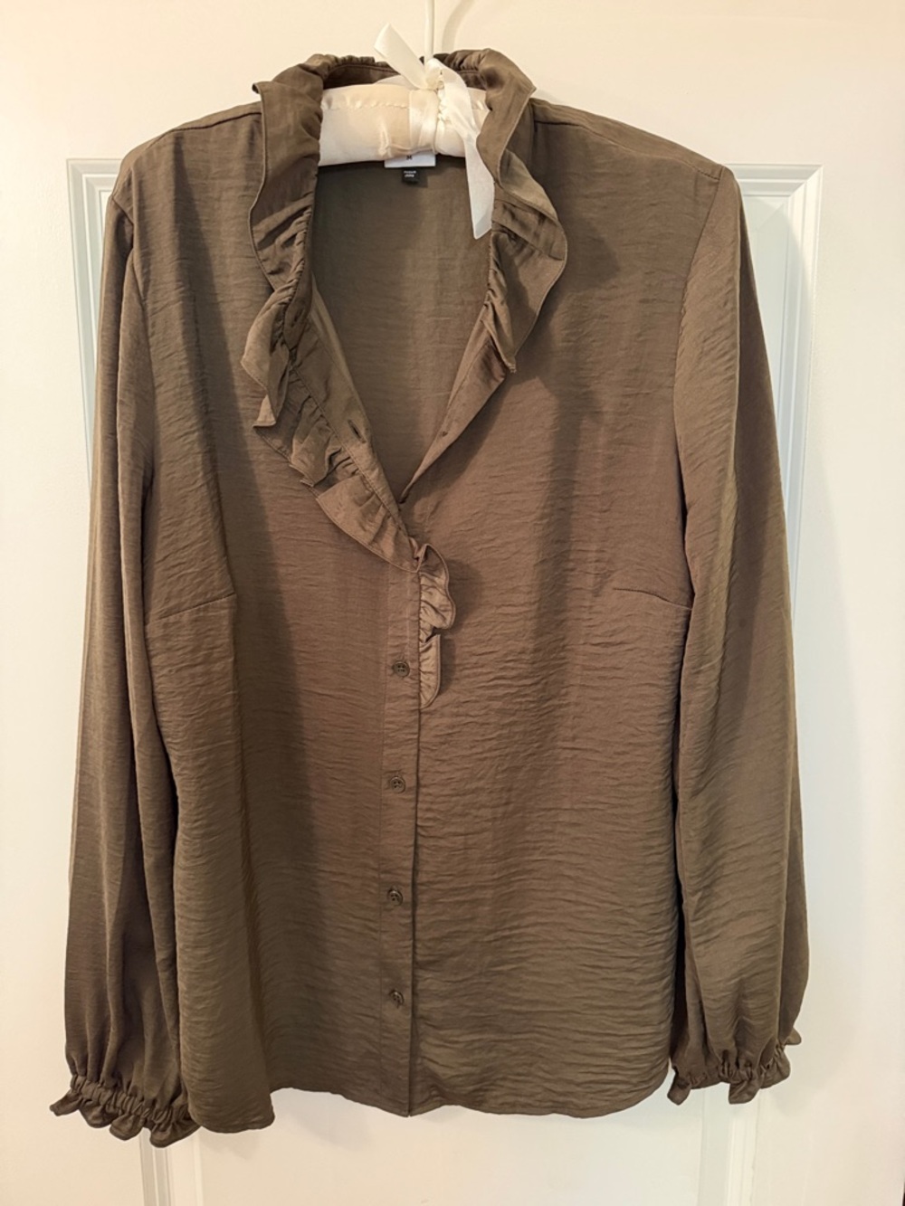 CAbi Icon Olive Brown Boho Romantic Ruffle-Front Button Up Blouse, medium - Picture 4 of 6